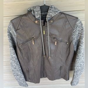 Faux leather jacket with knit sleeves